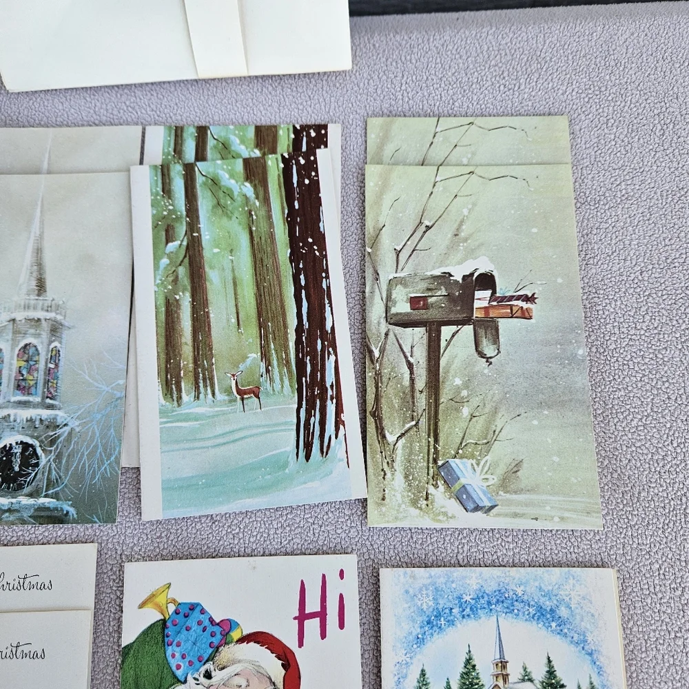 VTG Christmas Card Set of 16 Holiday Greeting Church Snow Deer Santa Mailbox